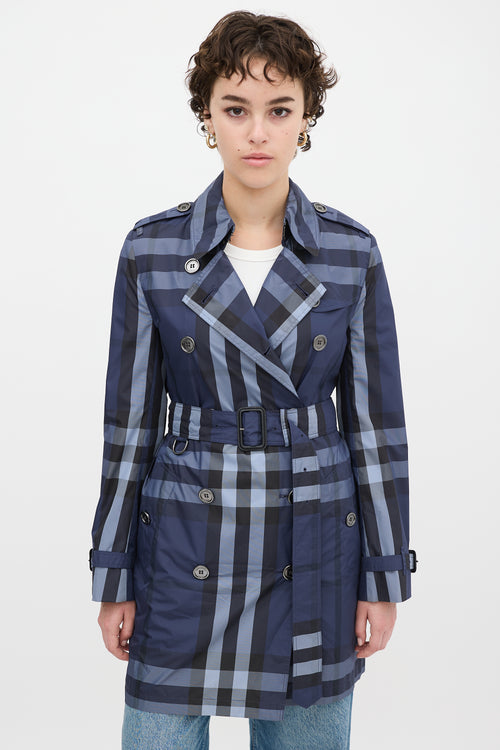 Burberry Navy Nova Check Belted Midi Trench Coat