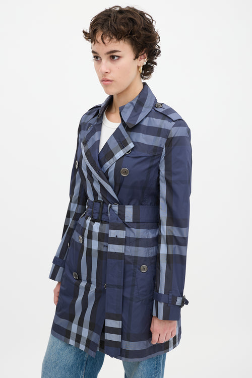 Burberry Navy Nova Check Belted Midi Trench Coat