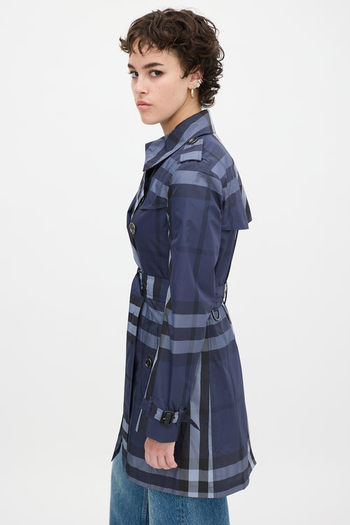 Burberry Navy Nova Check Belted Midi Trench Coat