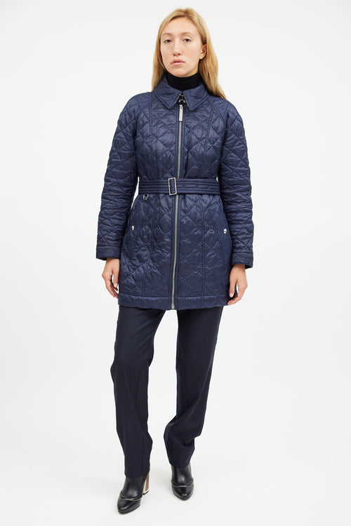 Burberry Navy Quilted Belted Coat