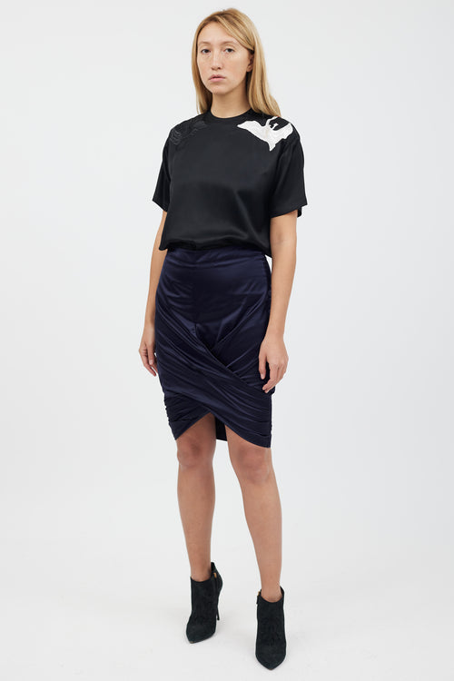 Burberry Navy Satin Gathered Wrap Skirt