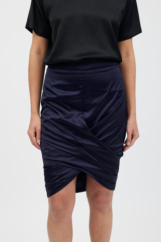 Burberry Navy Satin Gathered Wrap Skirt