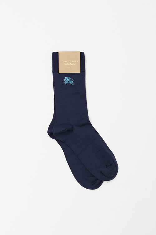 Burberry Navy Silk Logo Socks