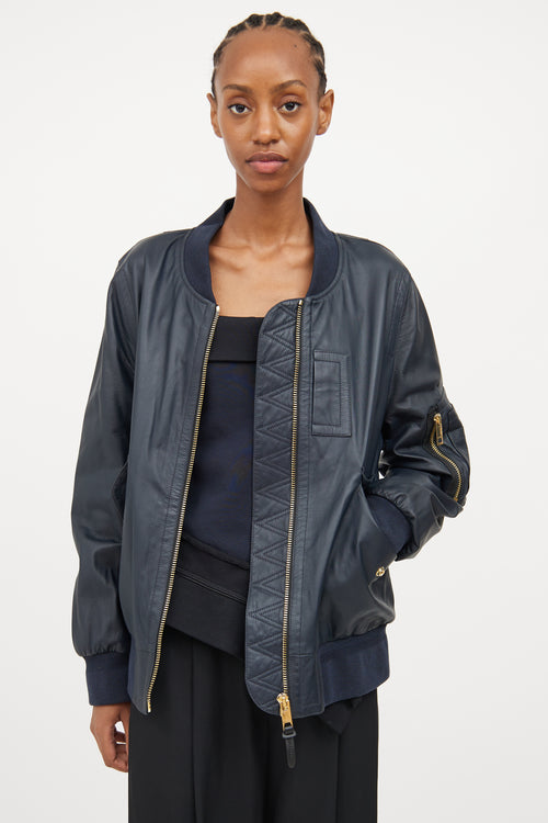 Burberry Navy Leather Bomber Jacket