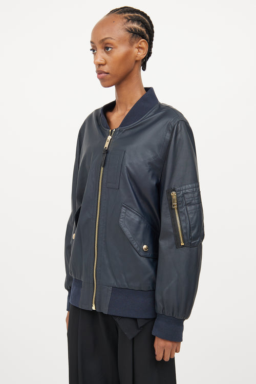 Burberry Navy Leather Bomber Jacket