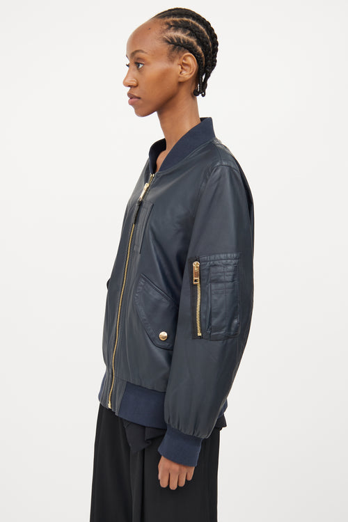 Burberry Navy Leather Bomber Jacket