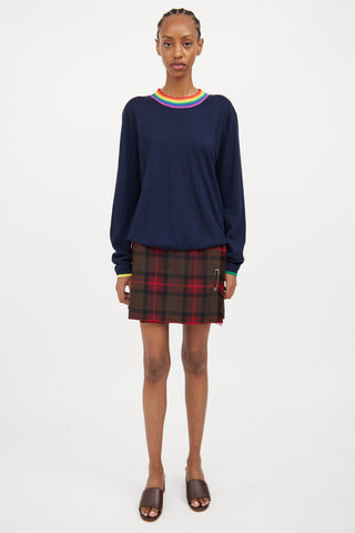 Burberry Navy 
Multi Rainbow Collar Wool Top