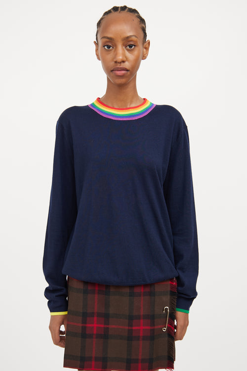 Burberry Navy 
Multi Rainbow Collar Wool Top