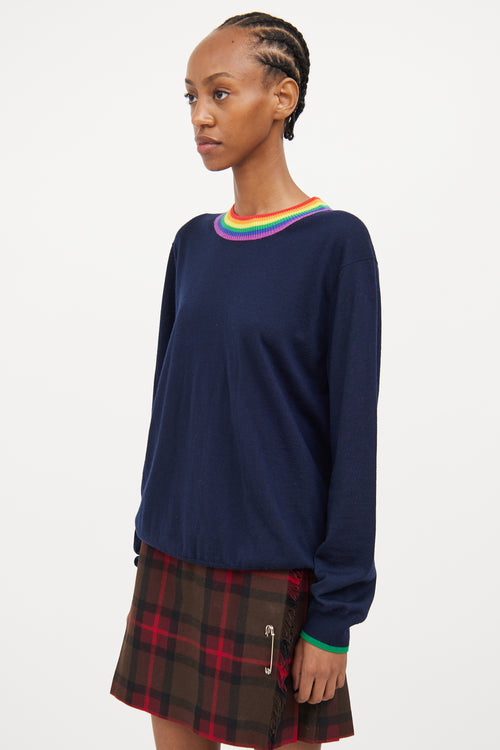 Burberry Navy 
Multi Rainbow Collar Wool Top