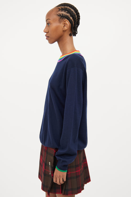 Burberry Navy 
Multi Rainbow Collar Wool Top