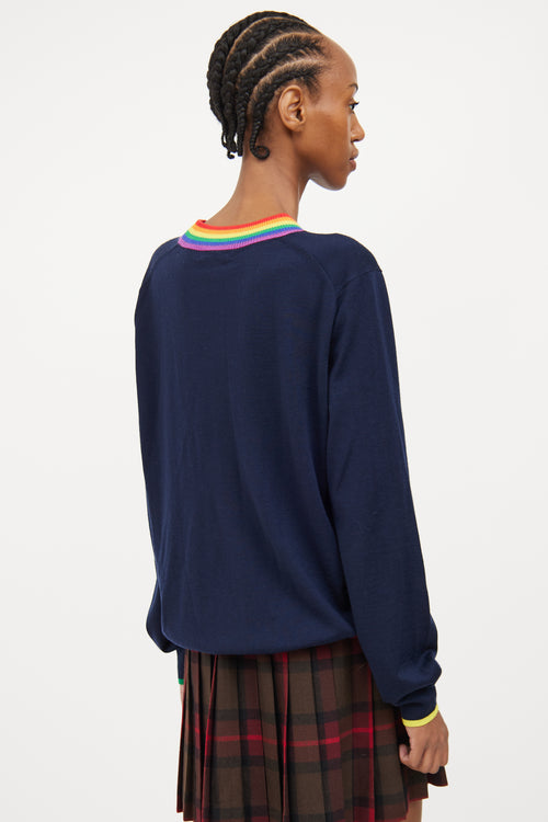 Burberry Navy 
Multi Rainbow Collar Wool Top