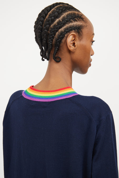 Burberry Navy 
Multi Rainbow Collar Wool Top