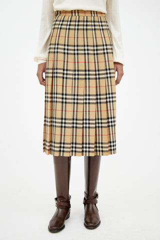 Burberry Beige 
Brown Pleated Check Skirt