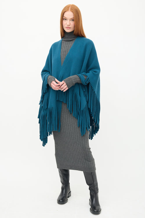 Burberry Prorsum Blue Knit Fringe Cape