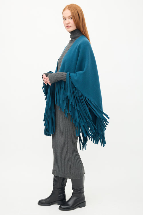 Burberry Prorsum Blue Knit Fringe Cape