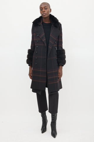 Burberry Purple Wool 
Fur Trim Nova Check Coat