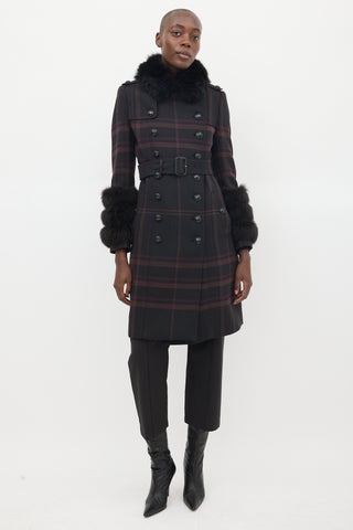 Burberry Purple Wool 
Fur Trim Nova Check Coat