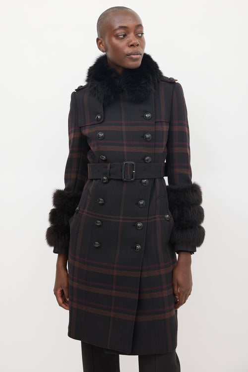 Burberry Purple Wool 
Fur Trim Nova Check Coat