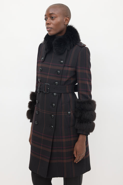 Burberry Purple Wool 
Fur Trim Nova Check Coat