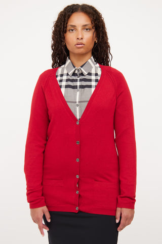 Burberry Red Check Elbow Patch Cardigan