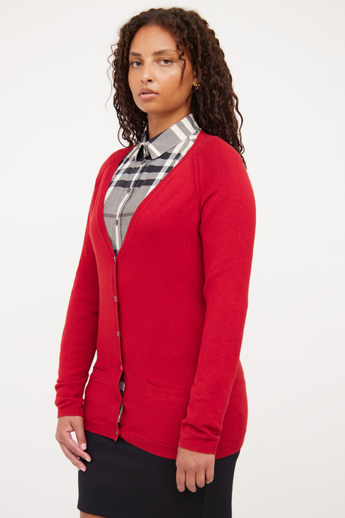 Burberry Red Check Elbow Patch Cardigan