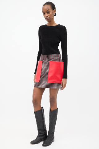 Burberry Red 
Multi Wool 
Faux Leather Skirt