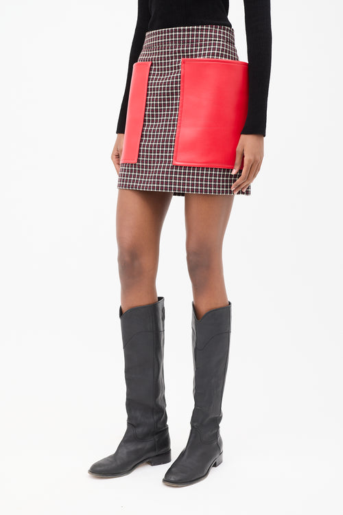 Burberry Red 
Multi Wool 
Faux Leather Skirt