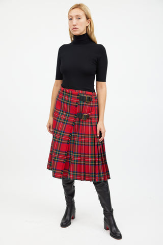 Burberry Red 
Multicolour Wool Pleated Plaid Skirt