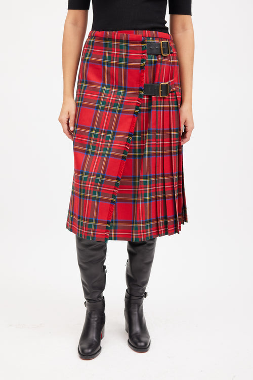 Burberry Red 
Multicolour Wool Pleated Plaid Skirt