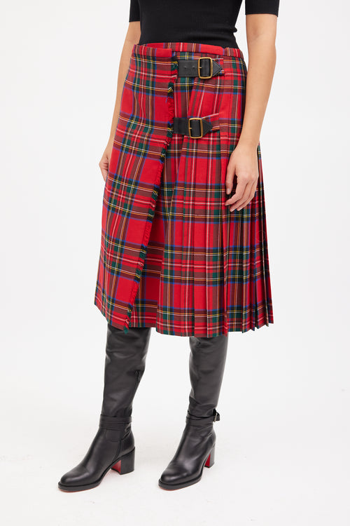 Burberry Red 
Multicolour Wool Pleated Plaid Skirt