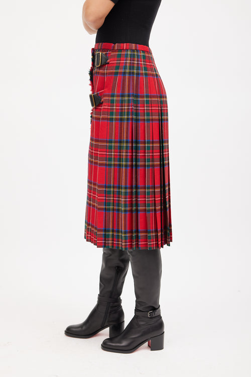 Burberry Red 
Multicolour Wool Pleated Plaid Skirt