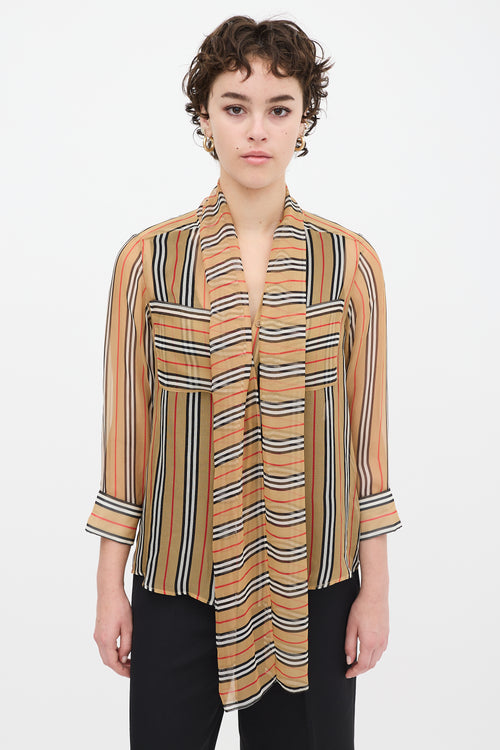 Burberry SS19 Brown 
Multicolour Silk Striped Shirt