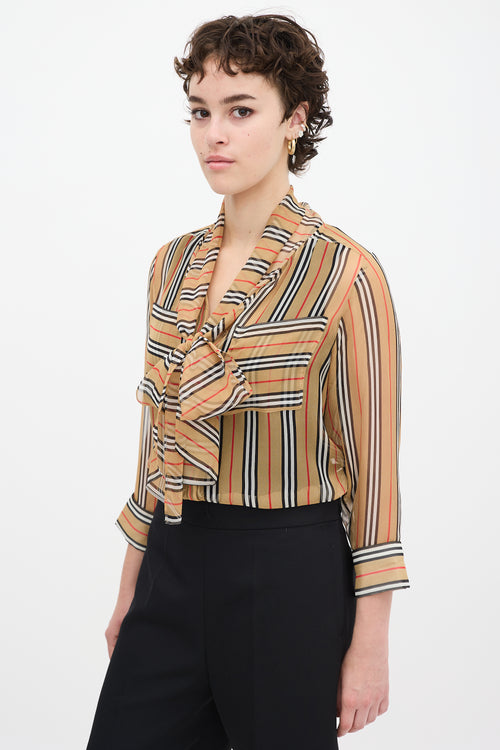 Burberry SS19 Brown 
Multicolour Silk Striped Shirt