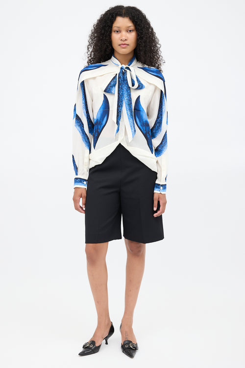 Burberry SS 2021 White 
Blue Silk Mermaid Cape Blouse