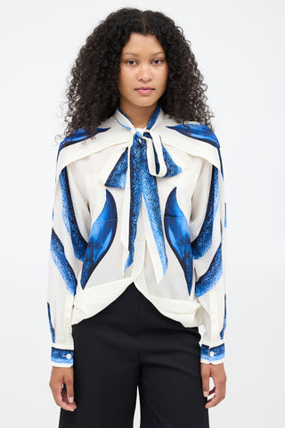 Burberry SS 2021 White 
Blue Silk Mermaid Cape Blouse