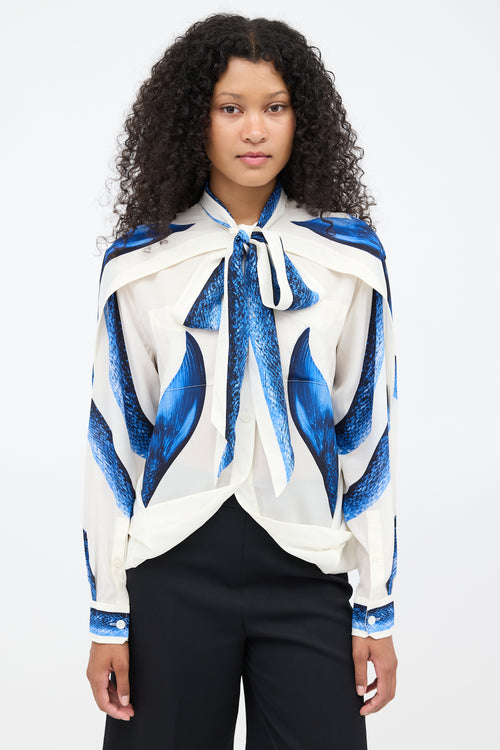 Burberry SS 2021 White 
Blue Silk Mermaid Cape Blouse