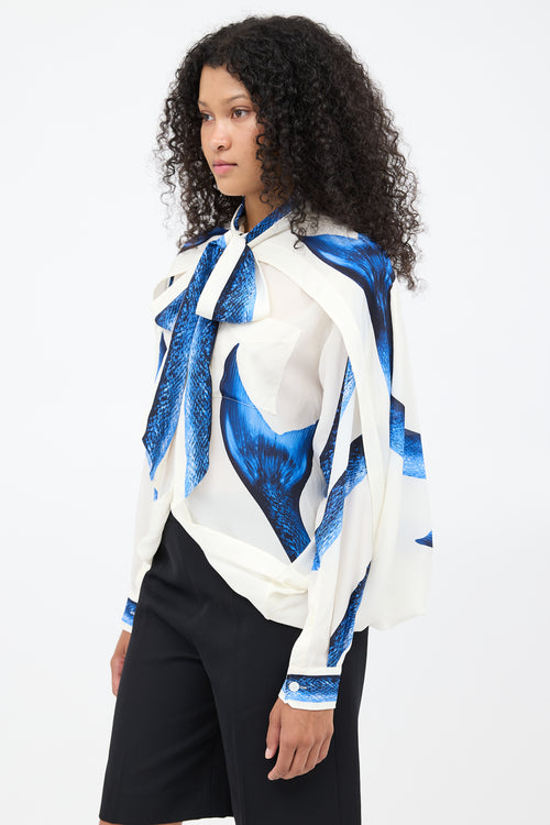 Burberry SS 2021 White 
Blue Silk Mermaid Cape Blouse