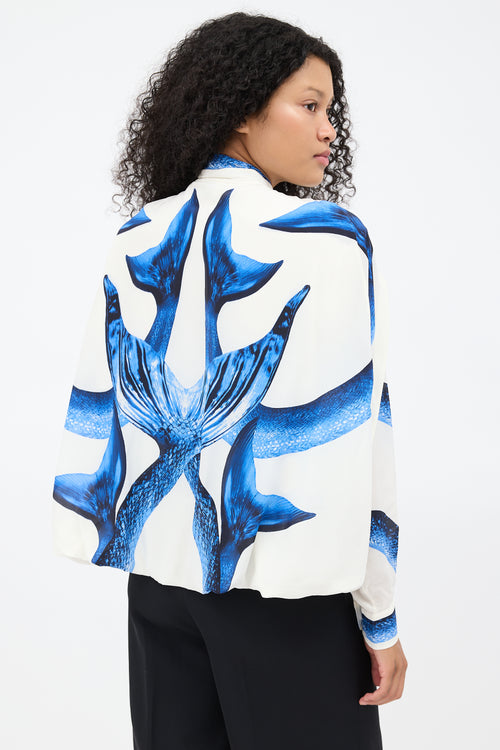 Burberry SS 2021 White 
Blue Silk Mermaid Cape Blouse