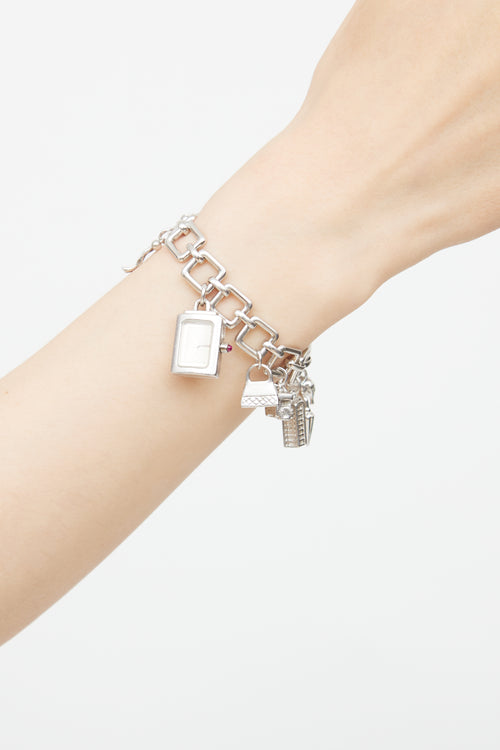 Burberry Sterling Silver Watch Charm Bracelet