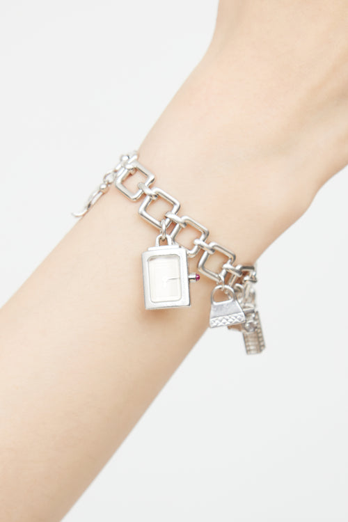 Burberry Sterling Silver Watch Charm Bracelet