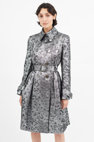 Burberry Silver Jacquard Belted Trench Coat