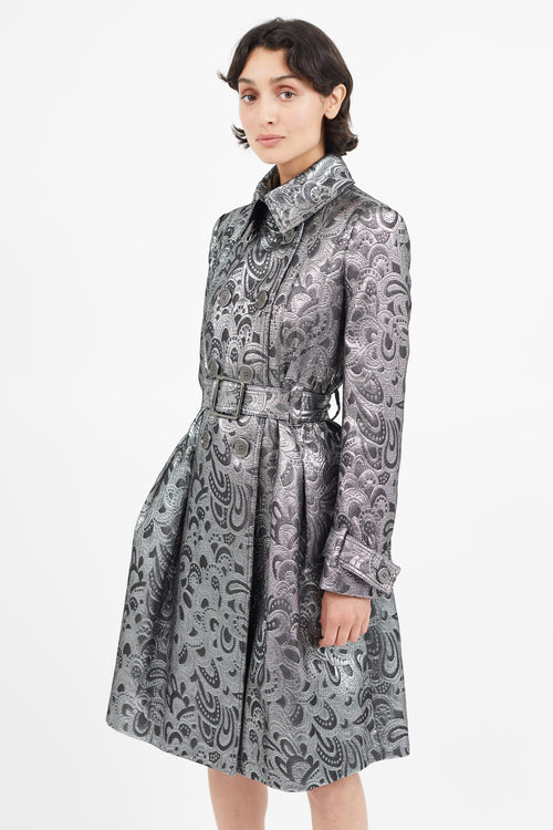 Burberry Silver Jacquard Belted Trench Coat