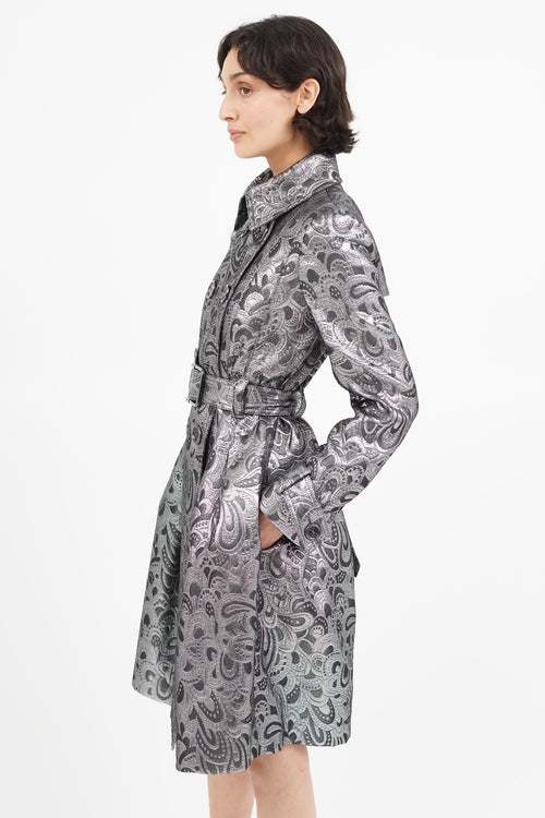 Burberry Silver Jacquard Belted Trench Coat