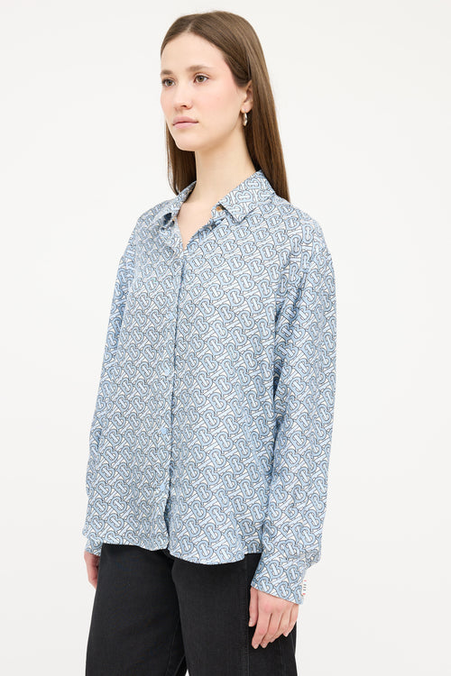 Burberry White 
Blue Silk Monogram Shirt