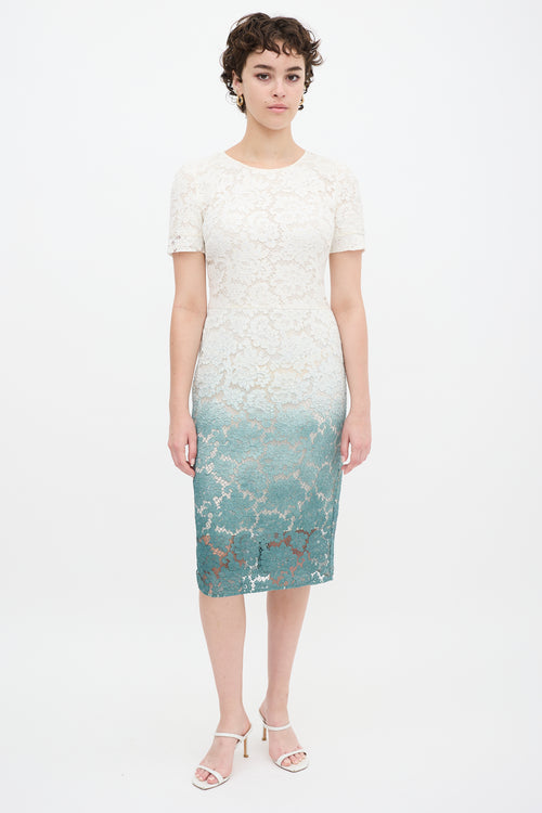 Burberry White 
Green Gradient Floral Lace Sheath Dress