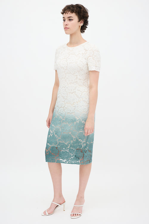 Burberry White 
Green Gradient Floral Lace Sheath Dress