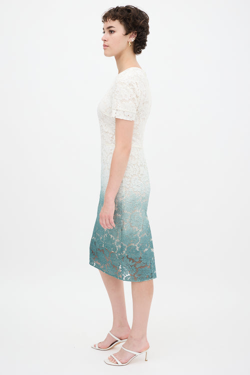 Burberry White 
Green Gradient Floral Lace Sheath Dress