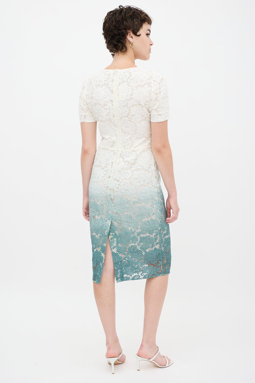 Burberry White 
Green Gradient Floral Lace Sheath Dress