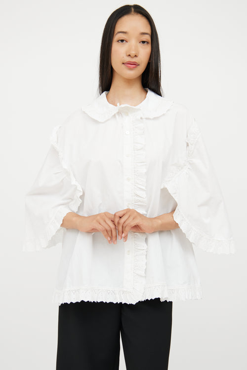 Burberry White Cotton Lace Trim Blouse