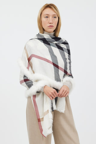 Burberry White 
Multicolour Nova Check Fur Scarf